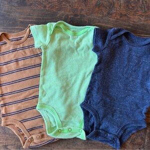 Simple Joys bundle of 3 Striped and Solid Onesies in Brown, Green, & Navy 0-3 m
